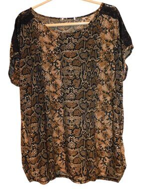Women’s XL ? Snake Print Blouse Short Sleeve Scoop Neck Brown Trendy Chic